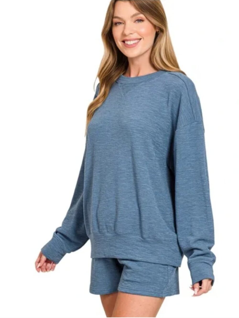 Zenana Slub Knit Pullover Shorts Lounge Set Dusty Blue Matching Set